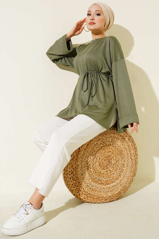 سترة طويلة بفتحة جانبية وأكمام مزدوجة، لون كاكي