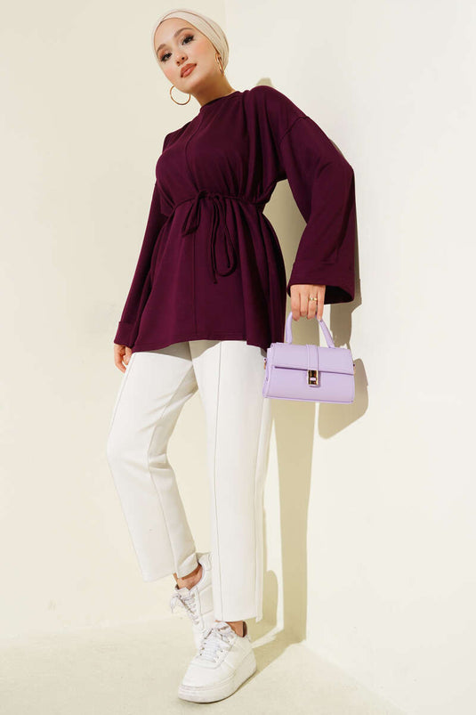 تونيك بأكمام مزدوجة وفتحة جانبية باللون البرقوقي