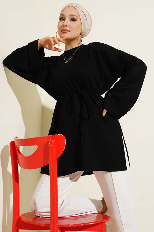 Side Slit Double Sleeve Tunic Black