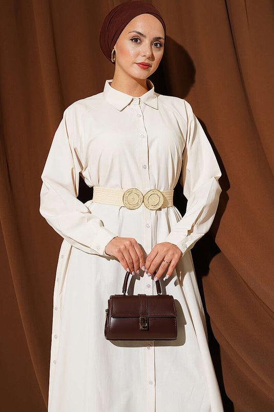 Chemise Longue Beige À Boutons Et Fente Latérale