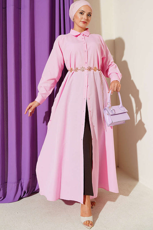 Lange Knopfleiste Bluse Mit Seitenschlitz In Pink