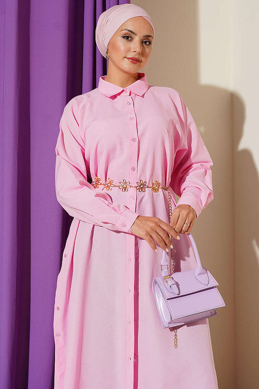 Lange Knopfleiste Bluse Mit Seitenschlitz In Pink