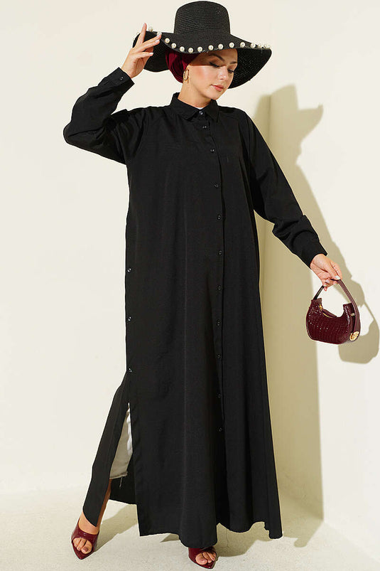 Long Black Shirt With Side Slit And Button Closure