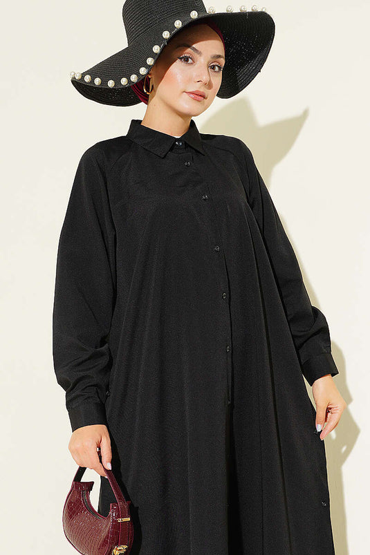Long Black Shirt With Side Slit And Button Closure