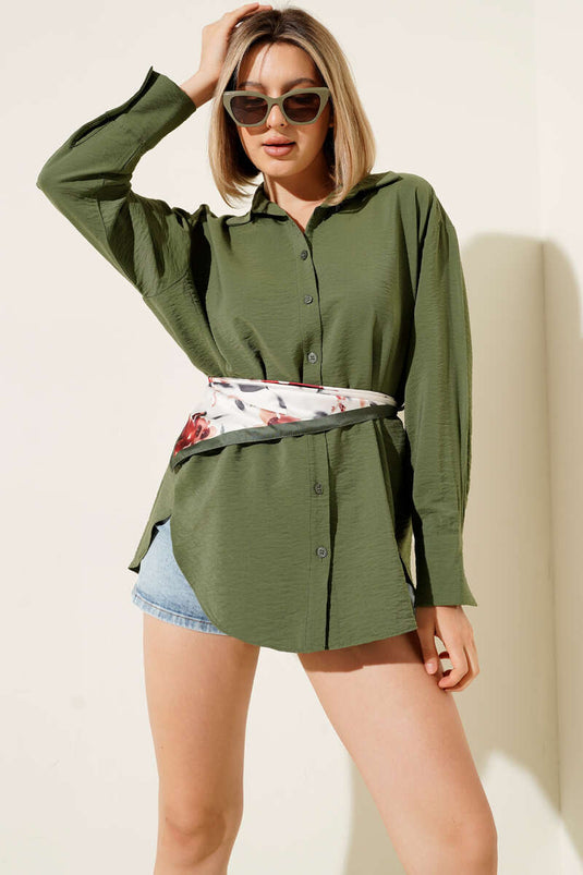 قميص بفتحة جانبية، كاكي