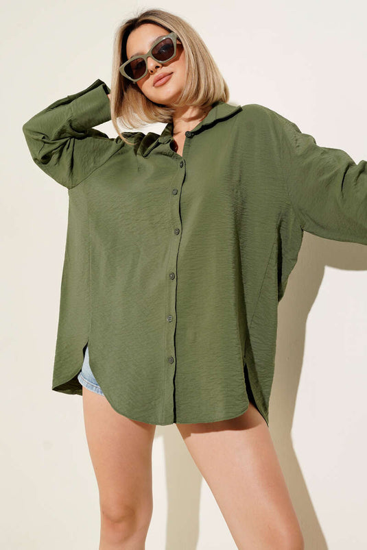 قميص بفتحة جانبية، كاكي