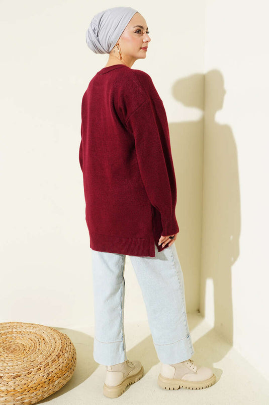 Long Cozy Knit Tunic With Side Slit Burgundy