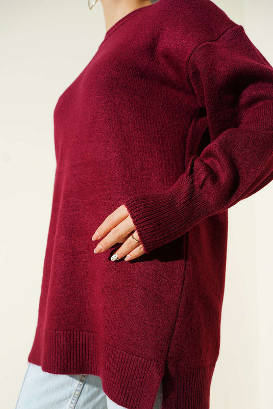 Long Cozy Knit Tunic With Side Slit Burgundy