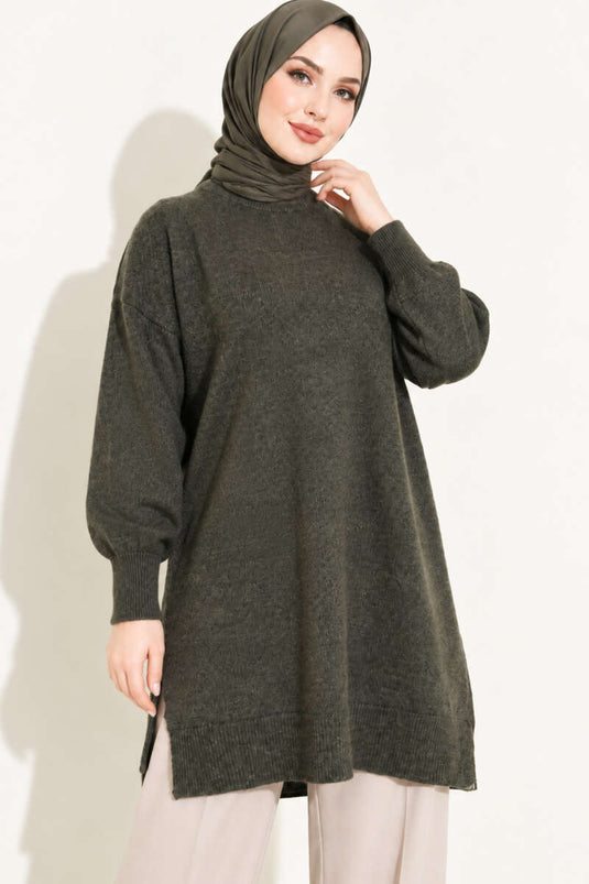 Tunique Longue En Tricot Douillet Avec Fente Latérale En Fumée Grise