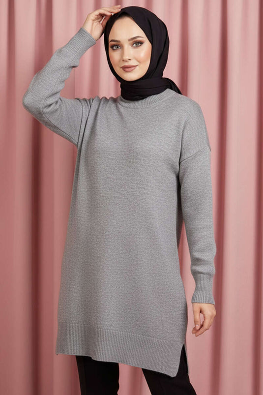 Grey Soft Long Knit Tunic with Side Slit