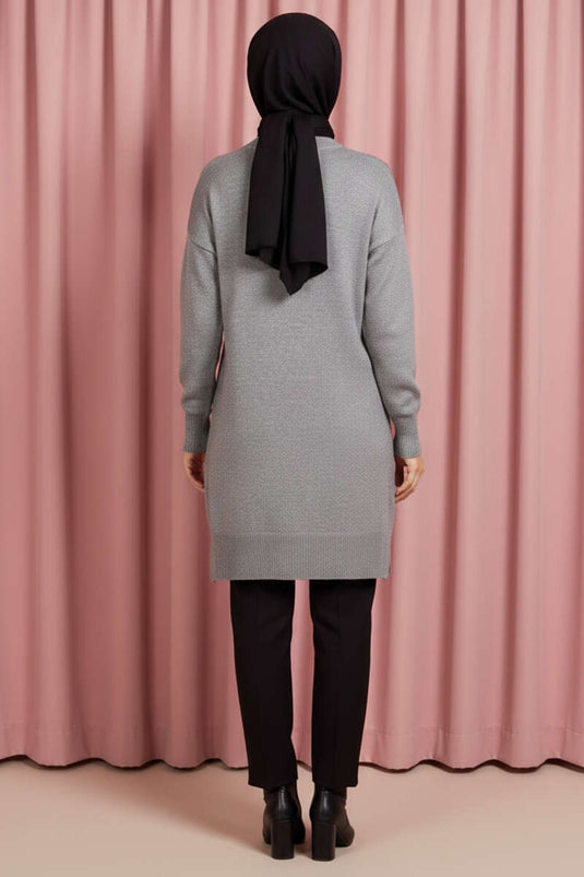 Grey Soft Long Knit Tunic with Side Slit