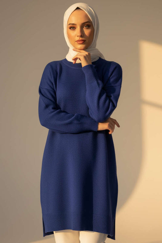 Long Cozy Knit Tunic With Side Slit In Navy Blue