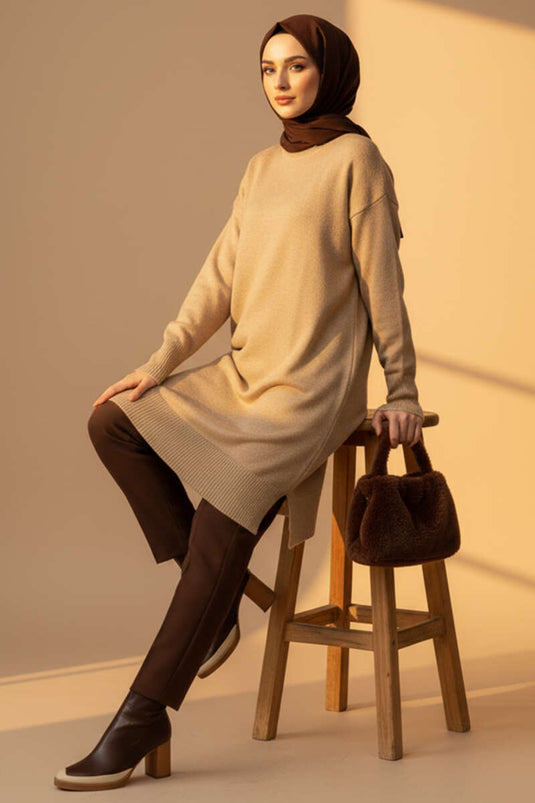Long Cozy Knit Tunic With Side Slit Latte