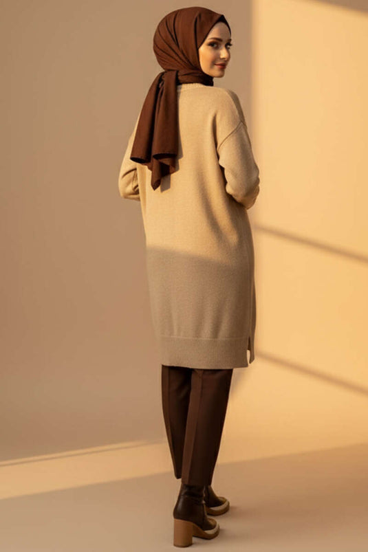 Long Cozy Knit Tunic With Side Slit Latte