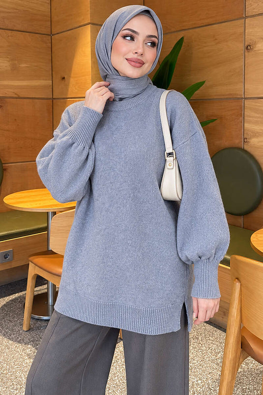 Tunica Lunga In Maglia Morbida Con Spacco Laterale In Blu