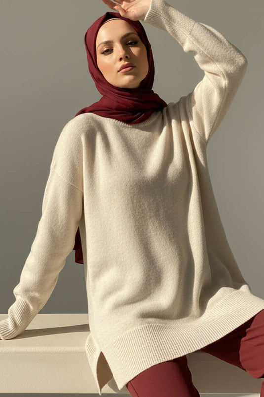 Side-Slit Soft Long Knit Tunic Stone