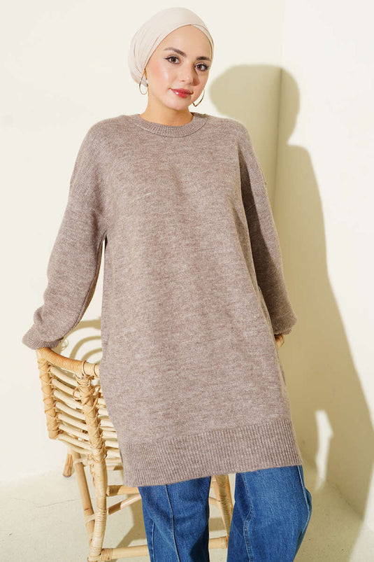 Long Cozy Knit Tunic With Side Slit In Mink