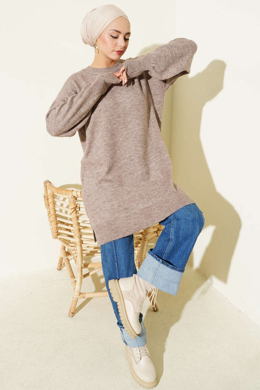 Long Cozy Knit Tunic With Side Slit In Mink