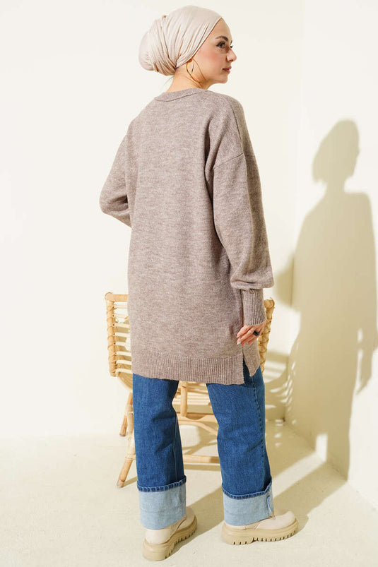 Long Cozy Knit Tunic With Side Slit In Mink