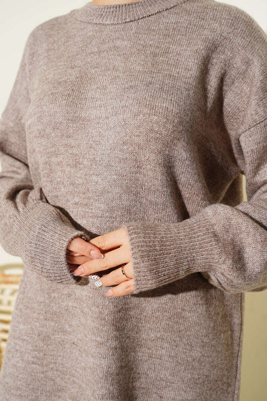 Long Cozy Knit Tunic With Side Slit In Mink