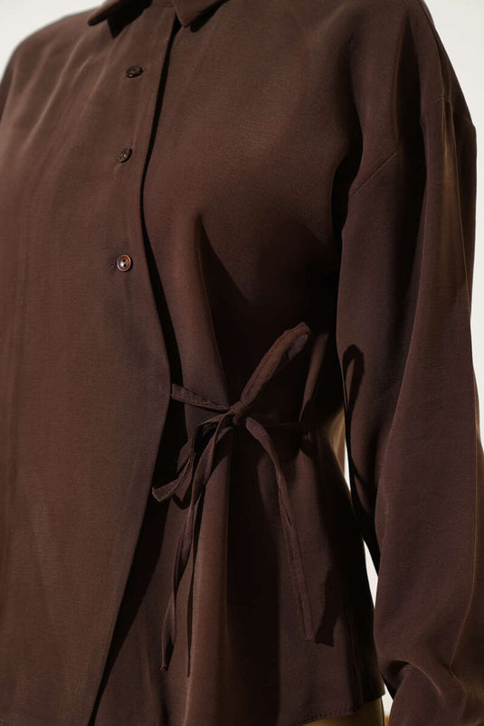 Side Tie Tencel Short Shirt Brown
