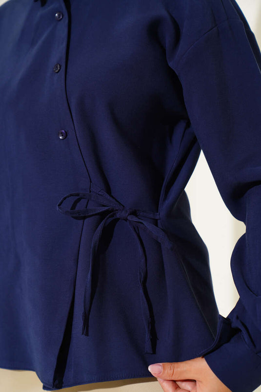 Side-Laced Tencel Short Shirt Navy Blue