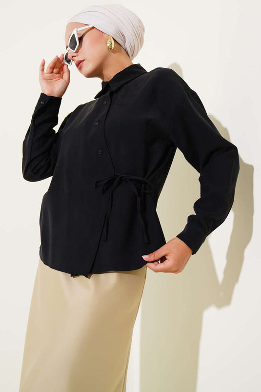 Chemise courte en Tencel à nouer sur le côté, noire