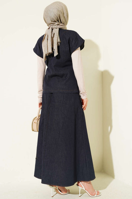 Ensemble en jean bleu marine avec jupe et gilet à lacets latéraux