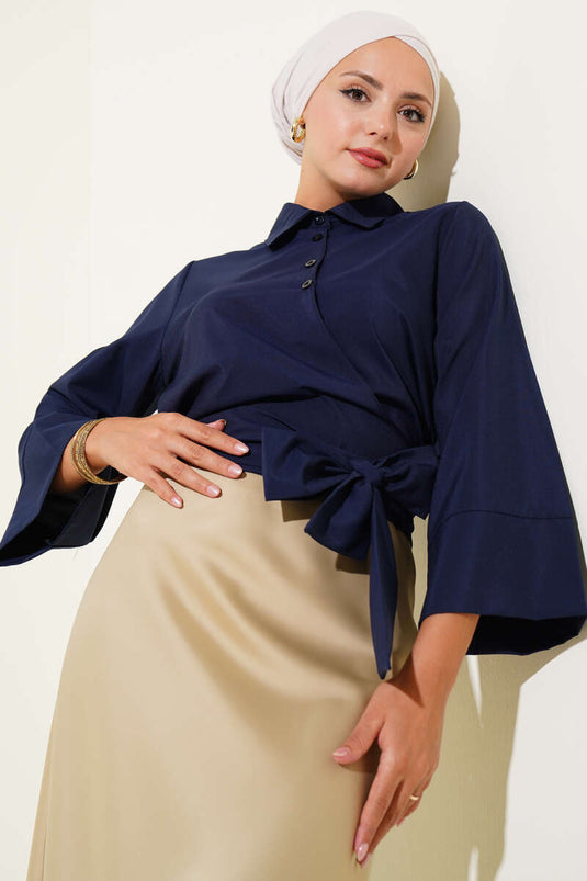 Side Tie Detail Short Shirt Navy Blue