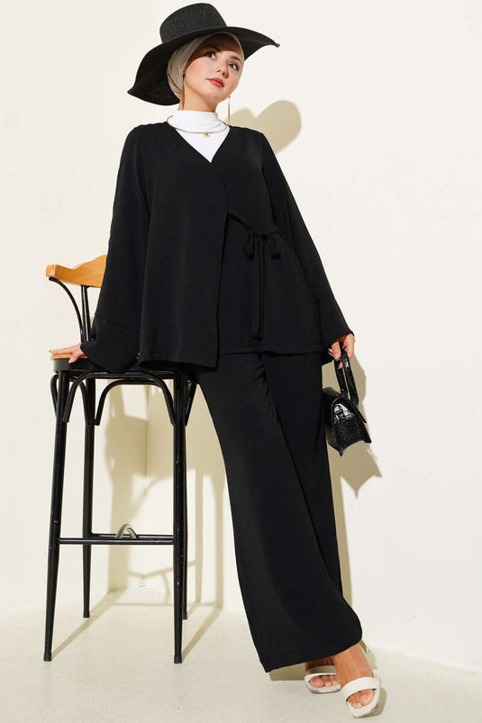 بدلة أيروبين من قطعتين برباط جانبي باللون الأسود