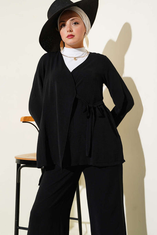 بدلة أيروبين من قطعتين برباط جانبي باللون الأسود