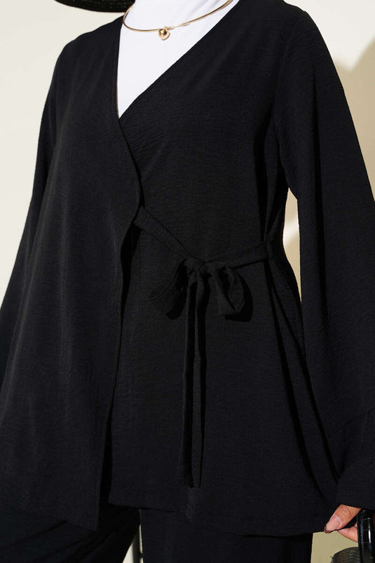 بدلة أيروبين من قطعتين برباط جانبي باللون الأسود