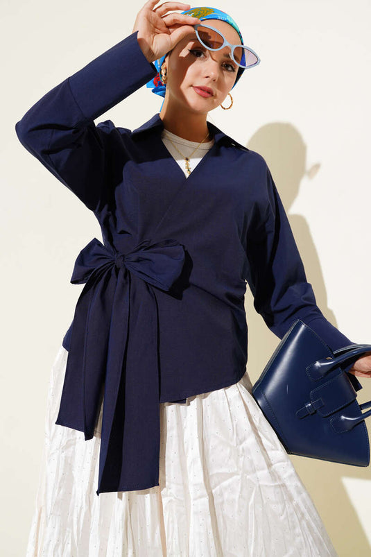 Side Tie Blouse Navy Blue