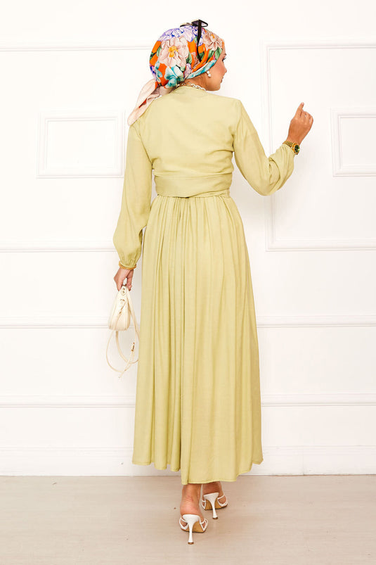 بدلة تنورة بوليرو برباط جانبي باللون الأخضر الزيتي