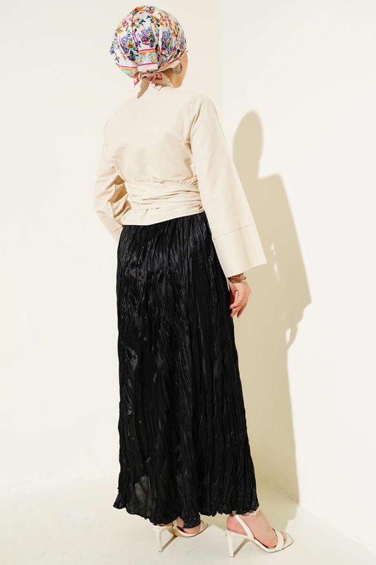 Side-Tie Cross-Button Short Shirt, Beige