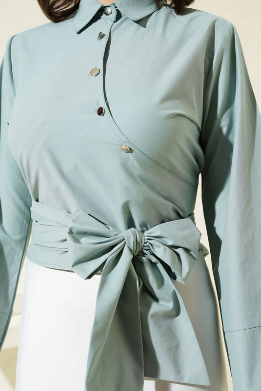 Side Tie Cross Button Short Shirt Mint