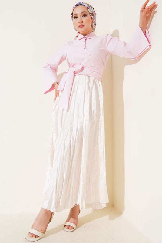 Side-Tie Cross-Button Short Shirt Pink