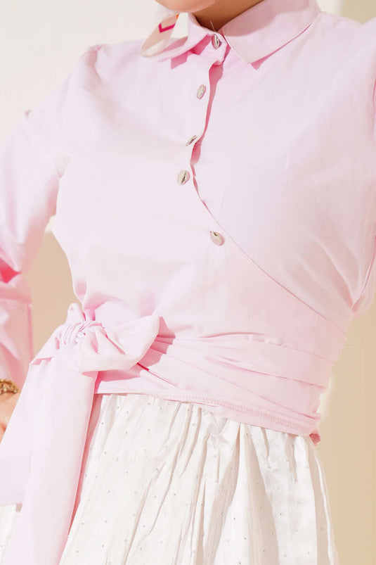 Side-Tie Cross-Button Short Shirt Pink