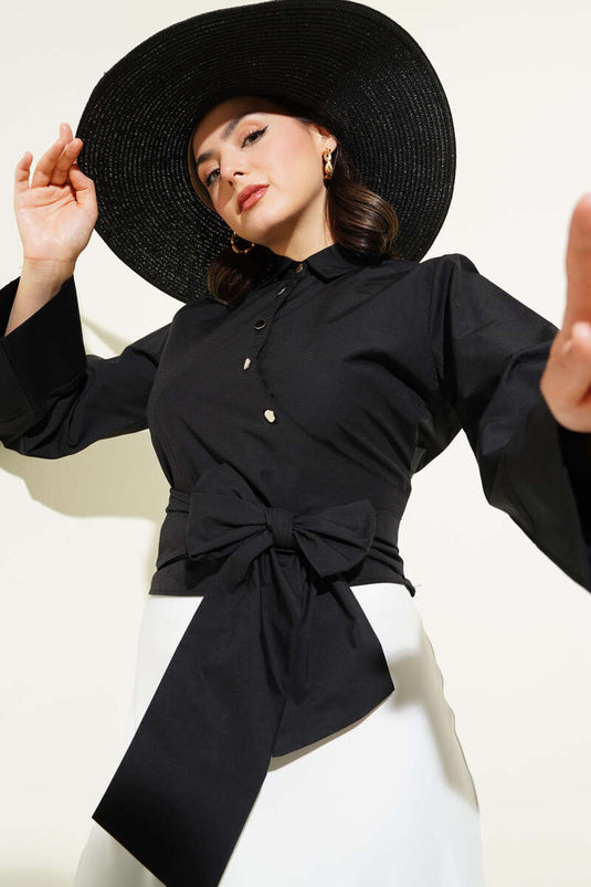 Side Tie Cross Button Short Shirt Black