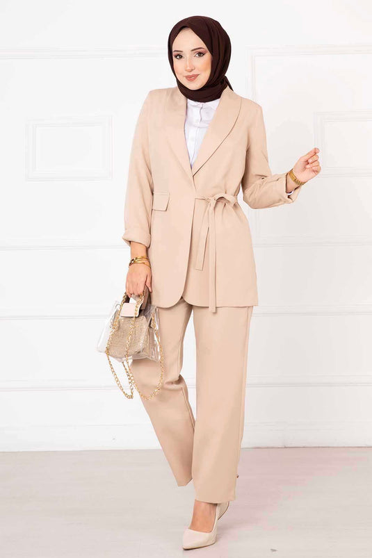 Ensemble veste à nouer sur le côté Beige