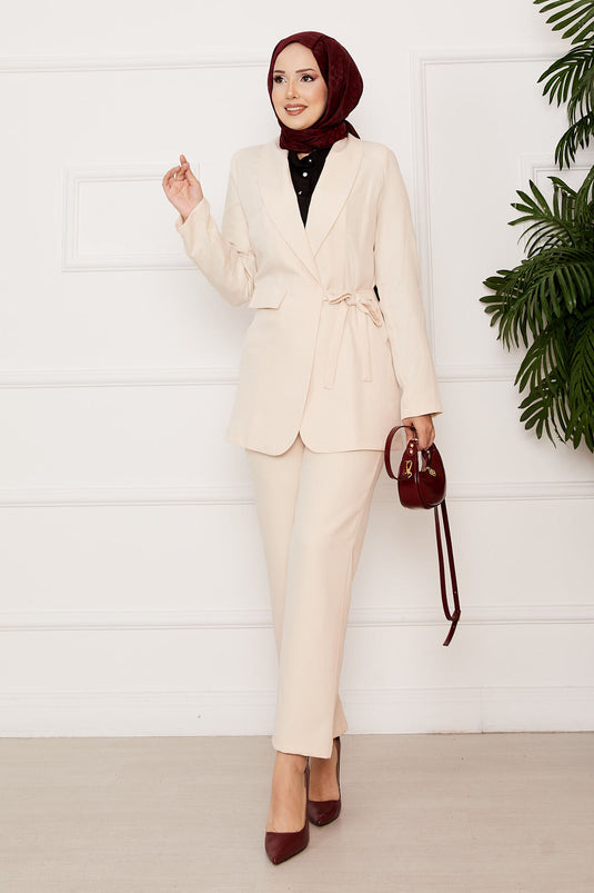 Side Tie Jacket Set Cream