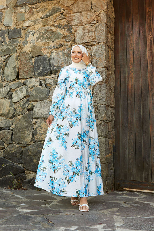 Side Tie Floral Pattern Modal Dress Blue