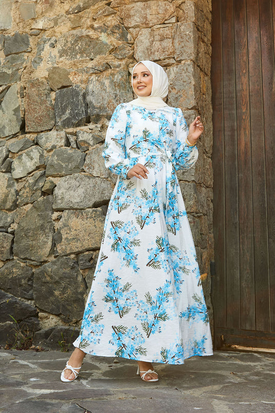 Robe en modal à motif floral et lien latéral bleu