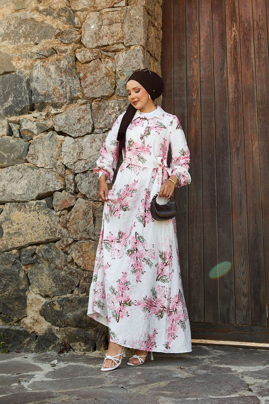 فستان مودال بنمط زهور ورباط جانبي وردي