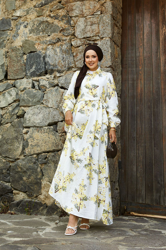 فستان مودال بنقشة زهور ورباط جانبي باللون الأصفر