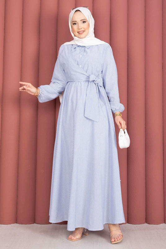 Robe modeste à rayures avec nouage latéral indigo
