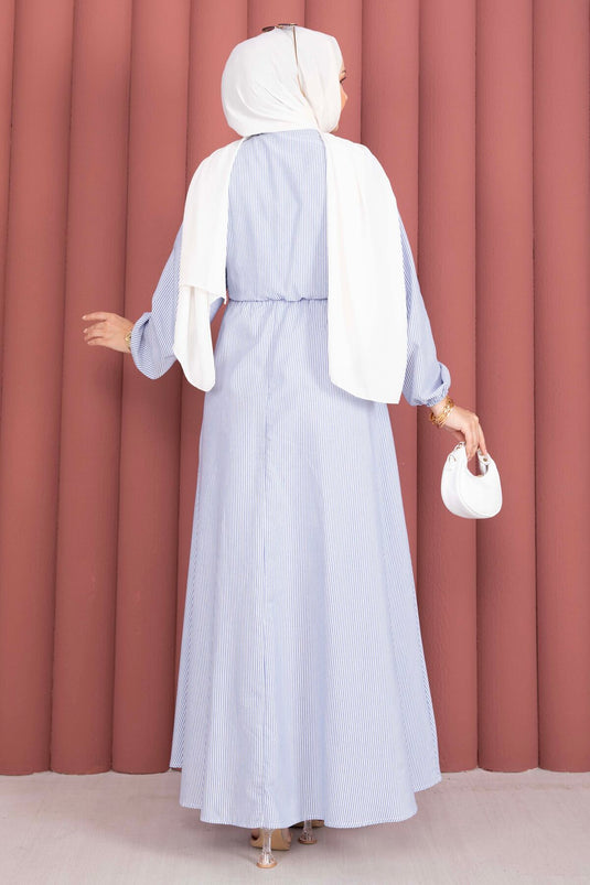 Robe modeste à rayures avec nouage latéral indigo