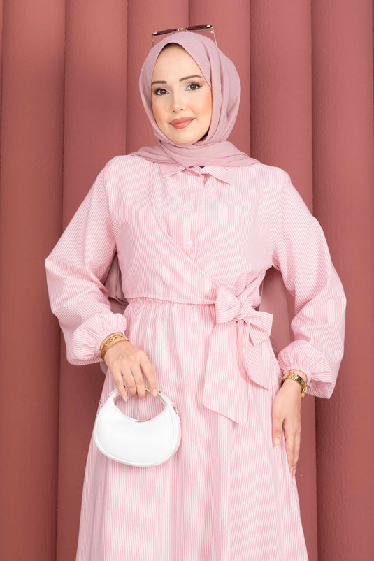 Robe Tesettür rayée à nouer sur le côté rose