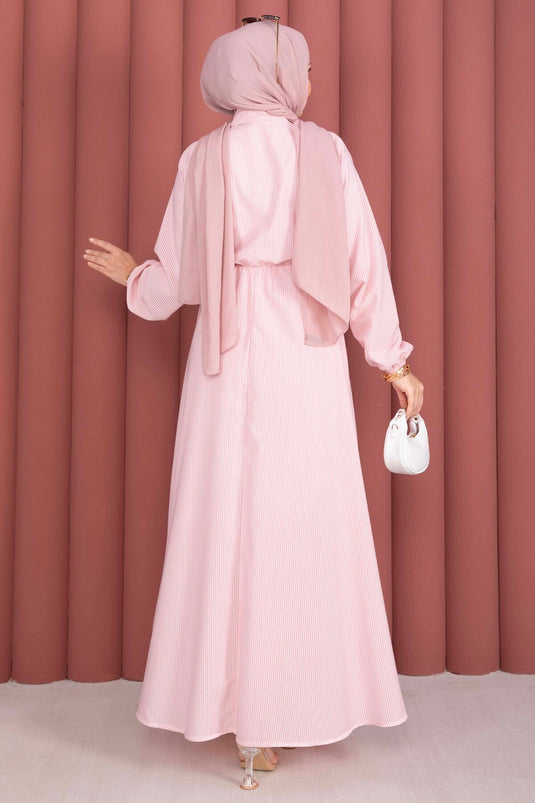 Robe Tesettür rayée à nouer sur le côté rose