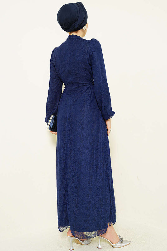 Robe de soirée en dentelle à nouer sur le côté, bleu marine